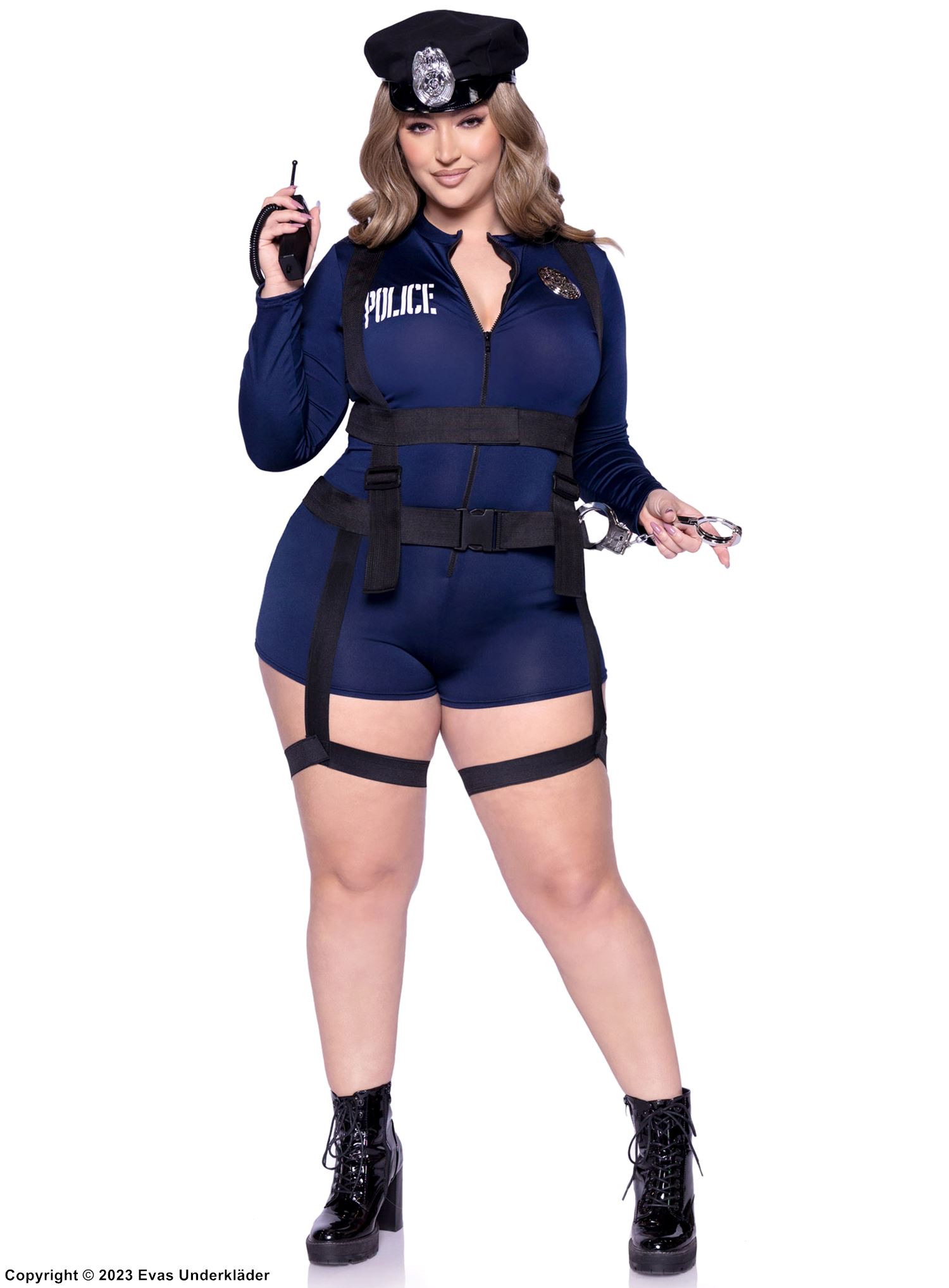 Female police officer, costume romper, long sleeves, front zipper, plus size